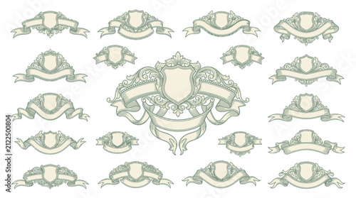 Ornate Banner and Shield Emblems, Isolated Vector Design Elements