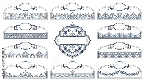 Ornate decorative borders with ribbons, isolated on transparent background
