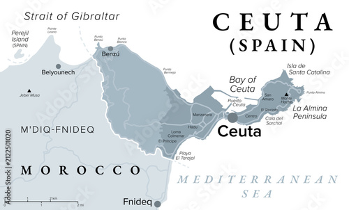 Ceuta, exclave of Spain, gray political map. Autonomous city on North African coast along the Mediterranean Sea, bordered by Morocco. Special territory of members of the European Economic Area. Vector