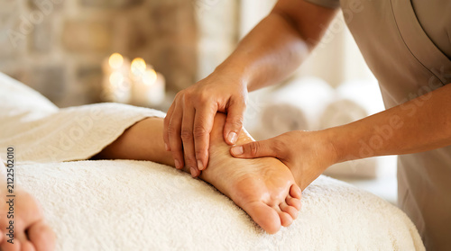 Female massage therapist performing foot reflexology on client