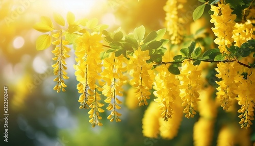 sunny yellow laburnum flowers blooming in bright daylight
