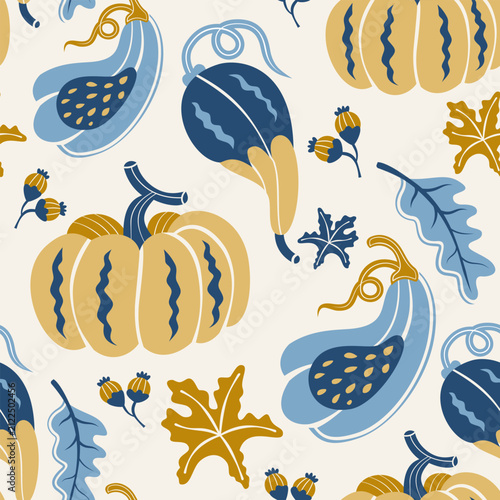 
pumpkin vector fabric pattern silhouettes flat design and line art Blue yellow tones , Scandinavian
