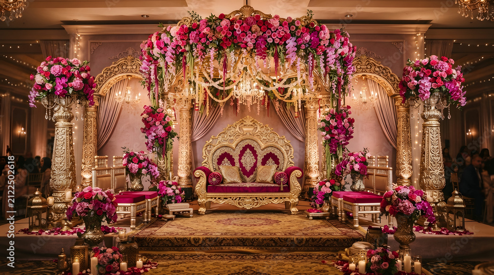 Fototapeta premium Luxurious indian wedding stage decoration featuring a golden sofa with vibrant pink floral arrangements and elegant chandelier lighting setup