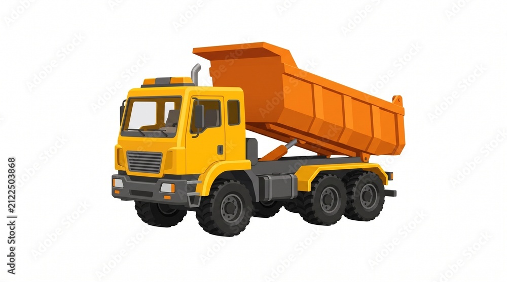 Naklejka premium A vibrant yellow and orange toy dump truck is depicted from a three-quarter front perspective on a white background, showcasing its detailed design and construction vehicle features
