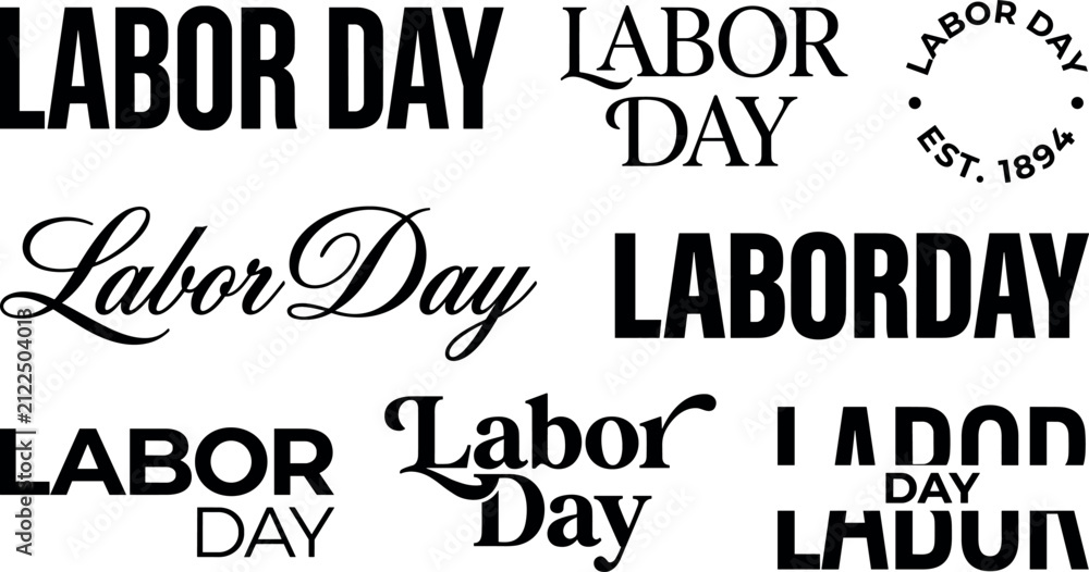 Fototapeta premium Labor Day Typography Badges and Text Logo Collection Featuring Vintage Stamp Style Lettering Graphics for United States September Holiday Celebration Designs