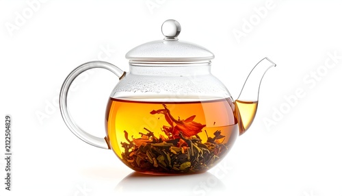 A transparent glass teapot brewing fragrant golden herbal loose-leaf tea on a seamless white studio background