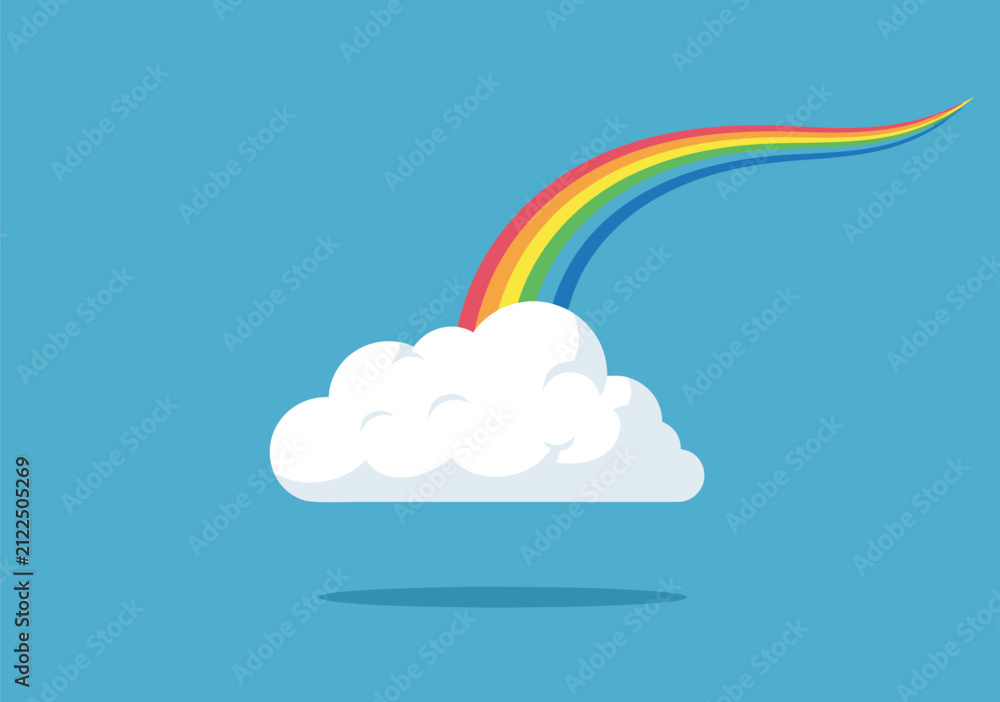 Obraz premium A vibrant and cheerful rainbow gracefully arches from a fluffy white cloud, a charming vector illustration design that captures the essence of nature and weather phenomena