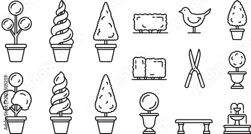 Topiary Plants and Garden Landscaping Line Icon Set Featuring Potted Trees, Hedges, Pruning Shears, Bird Decor, Bench, and Fountain Elements for Design