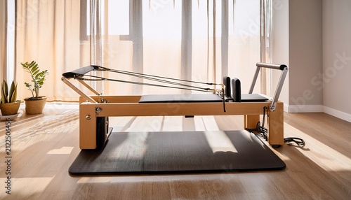 a pilates reformer machine sits on a mat in a bright room with natural light coming through curtains