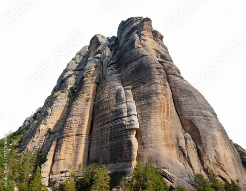 towering rock formation of imposing height and textured facade isolated on white background