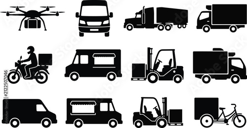 Obraz na plátně Transportation silhouettes a collection of black vector icons on a white backgro