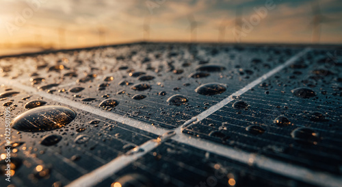 Macro Close Up of Solar Panel with Water Droplets at Sunset with Wind Turbines Background