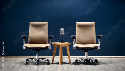 behind the scenes empty scene of two chairs and microphones stand in interview or podcast room isolated on dark navy background concept of silence after the hubbub intense preparation of the program