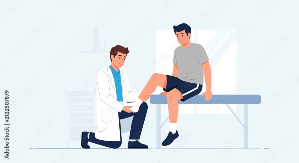 Fototapeta premium Doctor examining patient's knee on examination table, illustration