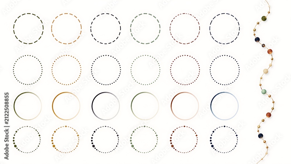 Obraz premium A clean vector collection demonstrating various dashed, dotted, and gradient circle stroke patterns alongside a singular wavy beaded line element.