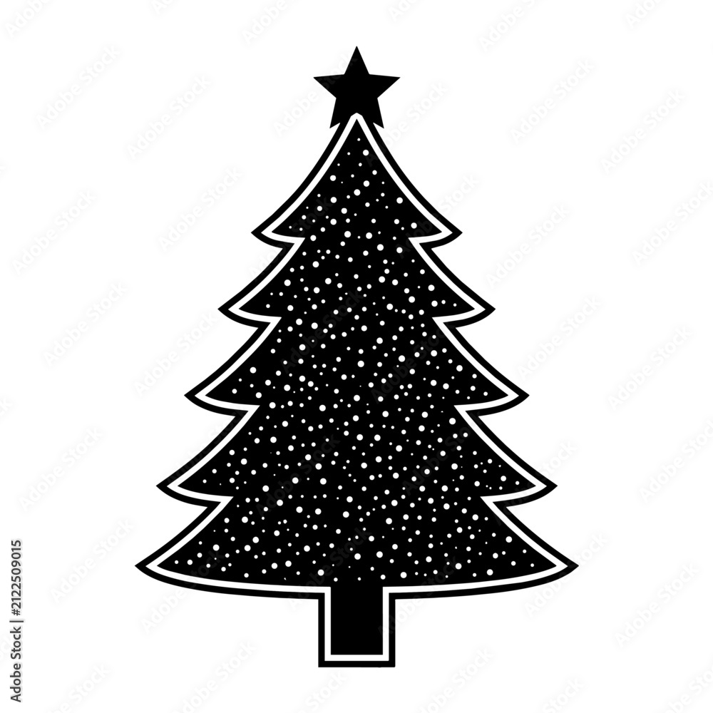 Fototapeta premium Black Christmas tree with star and snow dots flat design