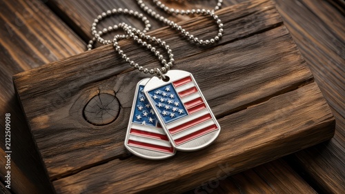 Veterans Day Military dog tags with American flag design on rustic wooden background for remembrance and soldier honor themes and tributes USA