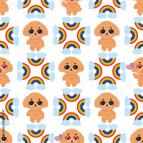 Seamless pattern with cute poodle dogs heart eyes and rainbows for kids nursery textile wallpaper background design