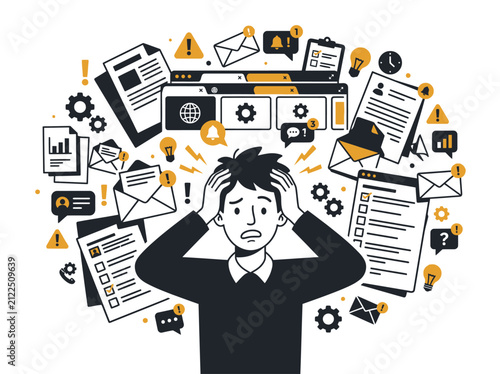 Man experiencing severe mental stress and information overload from complex multitasking work tasks.