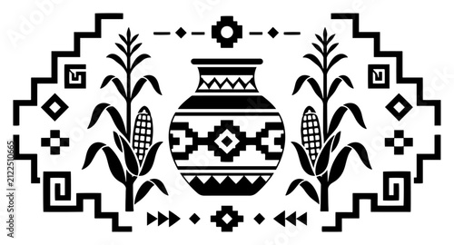 Ceramic vase between corn stalks in traditional native american geometric pattern style