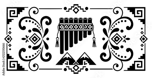 Pan flute with mountains in traditional andean geometric ethnic pattern vector illustration