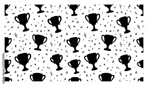 Winner trophy cups seamless pattern with falling confetti hand drawn doodle style