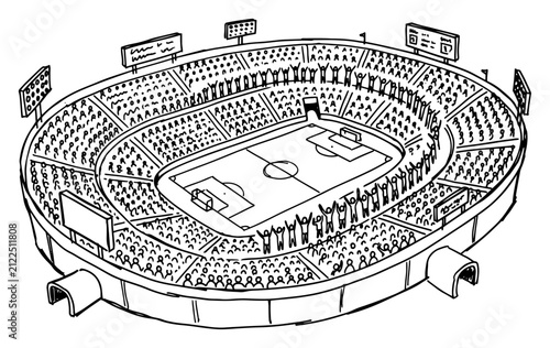 soccer stadium full of spectators hand drawn sketch illustration