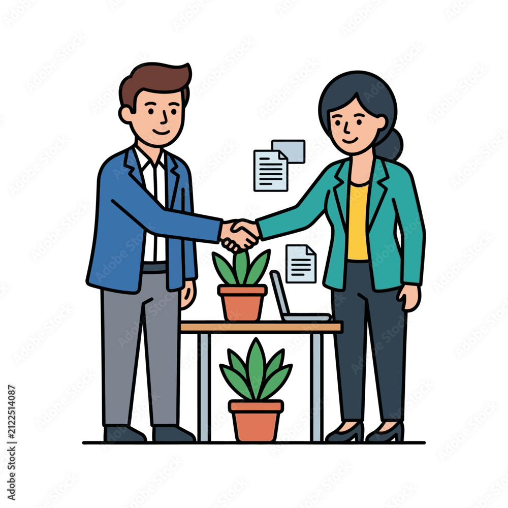 Fototapeta premium business partners shaking hands over desk with plants and laptop