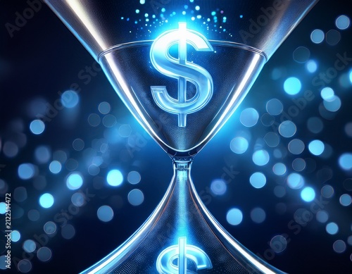 silver dollar sign glass funnel financial sales conversion concept blue glowing light spiral vertical digital marketing strategy future wealth profit revenue stream abstract bokeh background