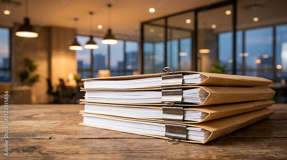 Fototapeta premium Stack of folders on wooden table in office documents