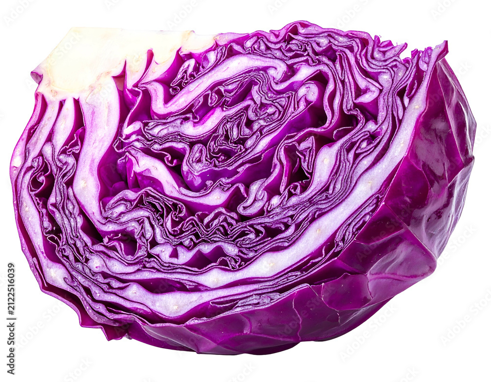 Obraz premium A vibrant cross-section slice of fresh raw purple red cabbage revealing intricate natural labyrinth patterns