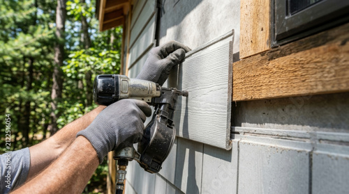 Fire resistant building cladding installation close up exterior wall construction insulation siding nail gun protective glove wooden frame house