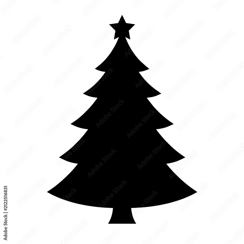 Fototapeta premium Black Christmas tree silhouette with star isolated on white