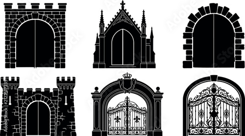 Fotografie Medieval castle gate and historic entrance silhouette set featuring ancient stone archways gothic church doors and ornate wrought iron gates