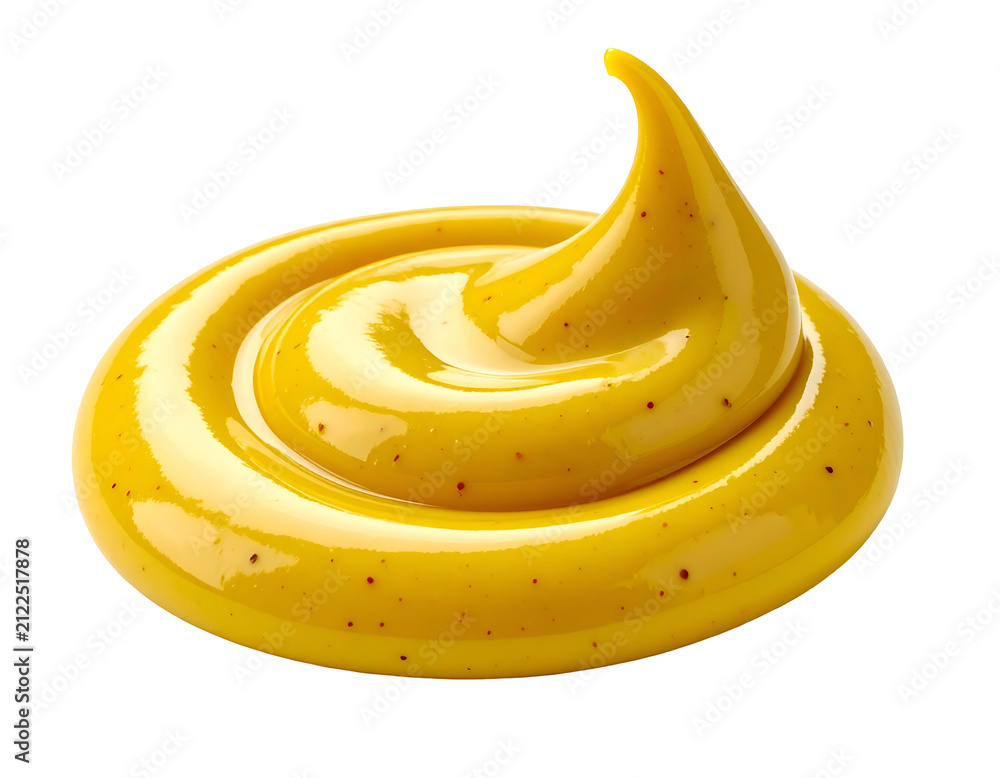 Fototapeta premium A vibrant dollop swirl of spicy yellow Dijon mustard condiment paste displayed on a seamless white surface