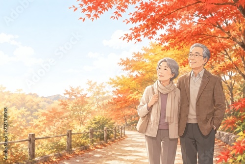 シニア　夫婦　秋　紅葉