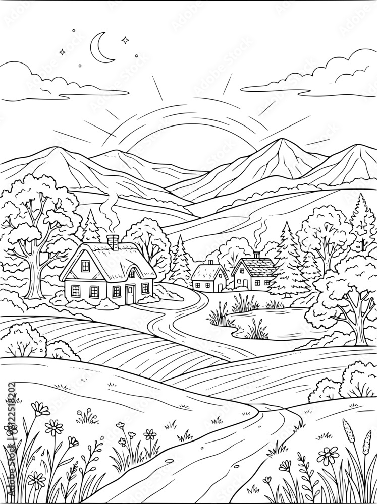 Fototapeta premium Peaceful Mountain Village Landscape Coloring Page for Adults and Kids
