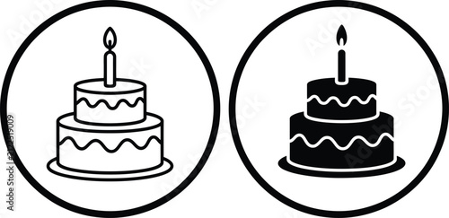 Two tier birthday cake with lit candle vector icon