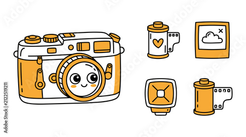 Foto Retro rangefinder camera collection with film canisters instant photo frame and external flash unit vector graphic set in