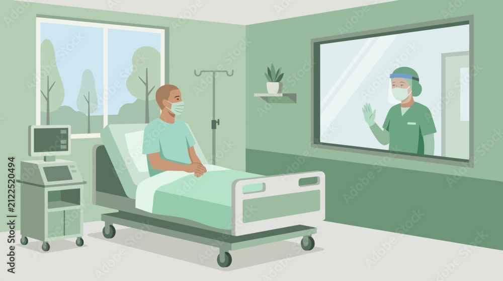 Obraz premium Patient wearing mask in hospital room, waving doctor through window