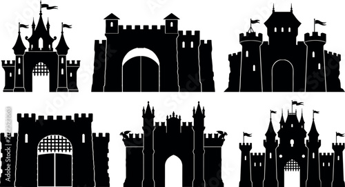 Fotografie Medieval castle and fortress gate silhouette vector set with stone towers flags
