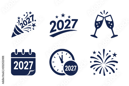 Premium Happy New Year 2027 Solid Vector Icon Set – Modern Flat UI Celebration Icons Collection for Web, App, Dashboard & Branding