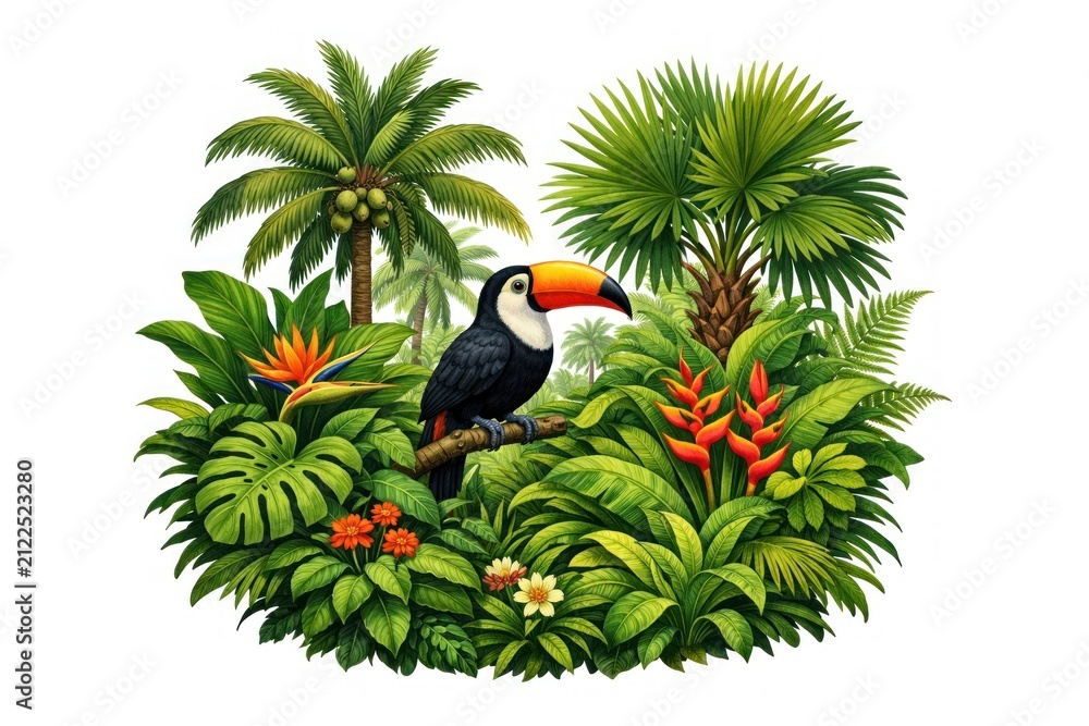 Fototapeta premium Tropical paradise with vibrant toucan.