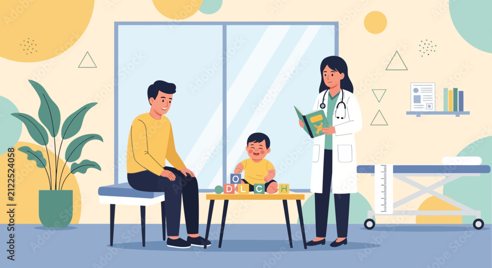 Fototapeta premium Pediatrician examining happy baby with father in clinic room