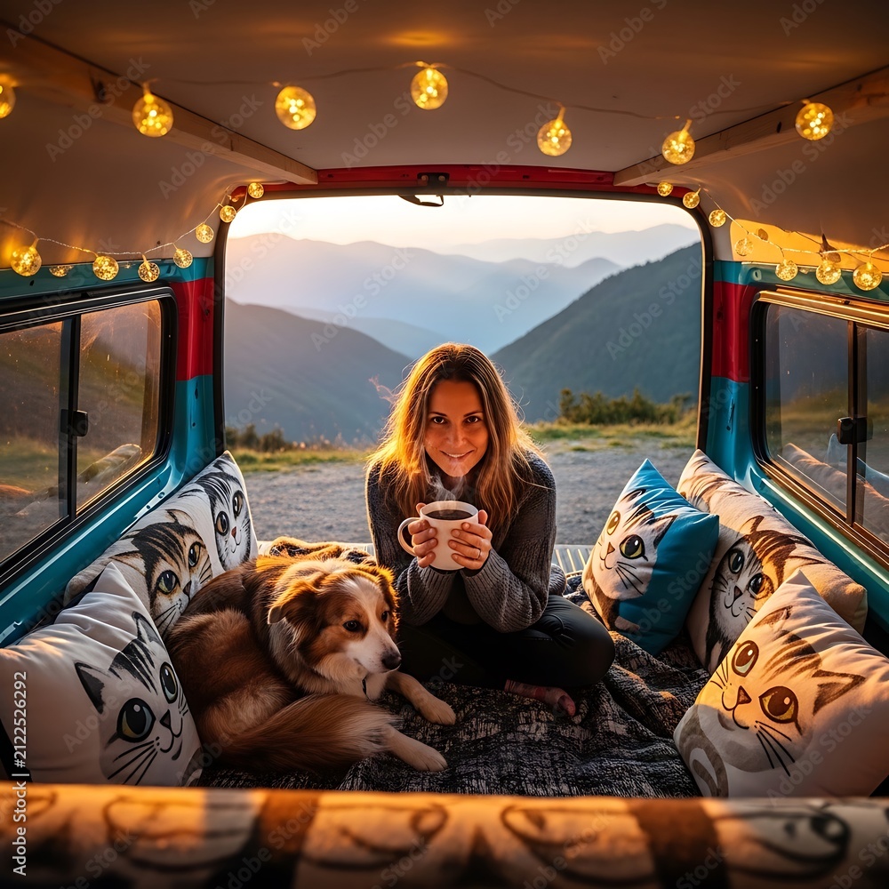 Obraz premium Woman with dog enjoying scenic mountain view from train.