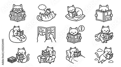 Fotografie Cute cartoon cats reading books and relaxing.