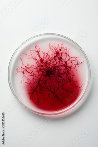 A petri dish containing a red culture medium with a dark red, intricate microbial growth. The growth resembles a dense network or a branching pattern.