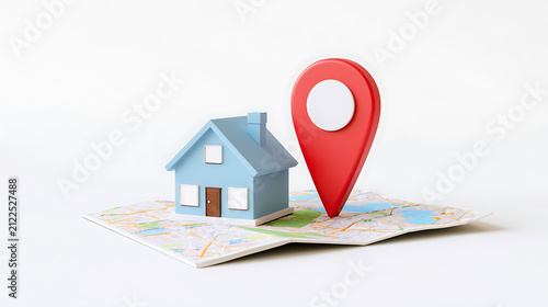 Miniature Blue House with Red Location Pin on Map: Real Estate, Navigation, and Home Ownership Concept on White Background with Copy Space