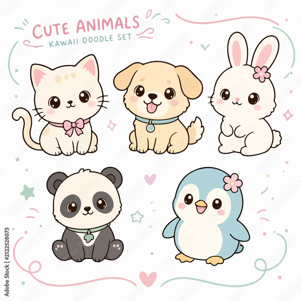 Naklejka premium Cute Animals Cartoon Character Set Illustration