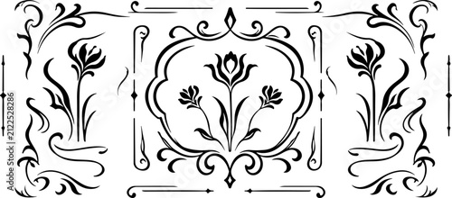 Art Nouveau flourish frame collection with elegant filigree scrolls and botanical vine ornaments. Vintage decorative borders, floral dividers and ornate corner embellishments in isolated vector format